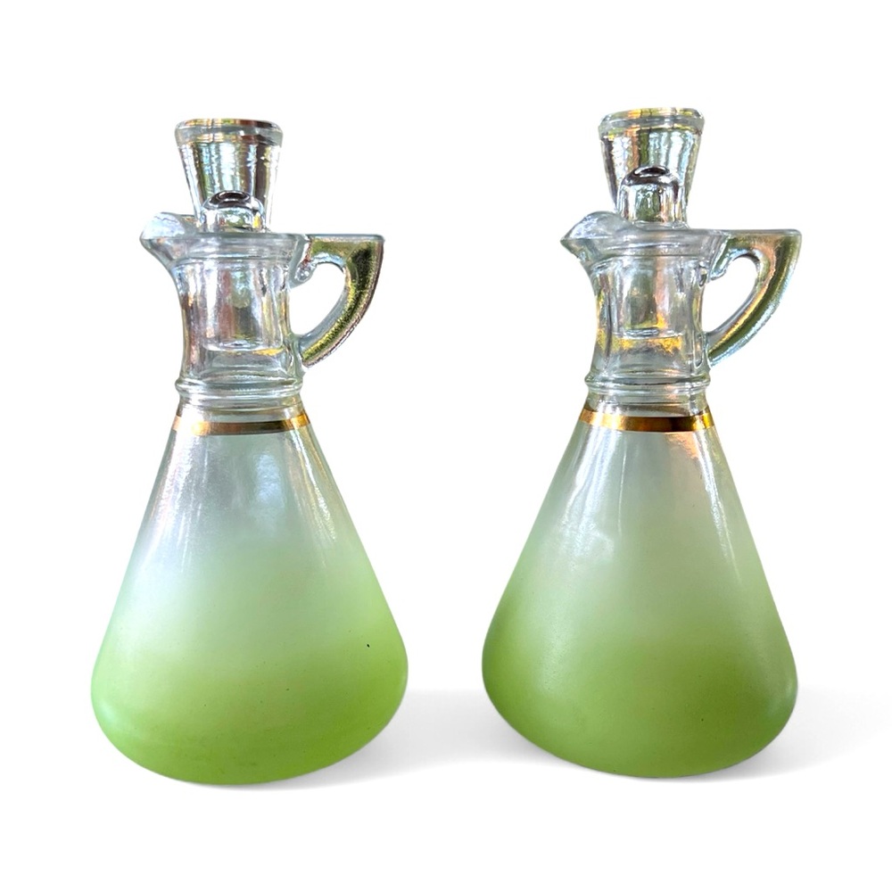 Vintage Anchor Hocking Blendo Green Oil & Vinegar Cruet Nice Condition